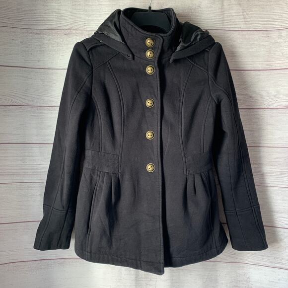 Celebrity Pink Black Coat with Brass Buttons Removable Hoot Peacoat Size M - Picture 1 of 16